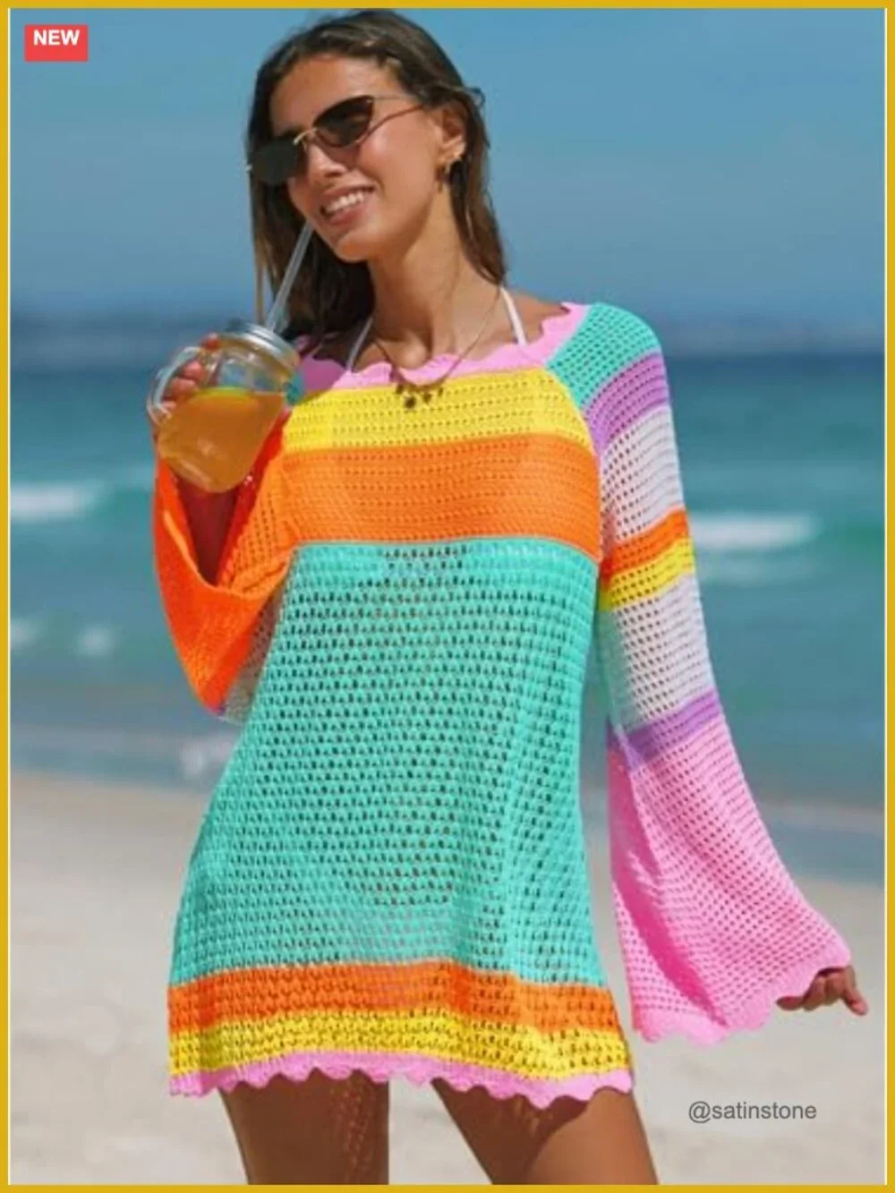 Crochet Swimsuit Cover Up Color Block Bathing Suit Coverup